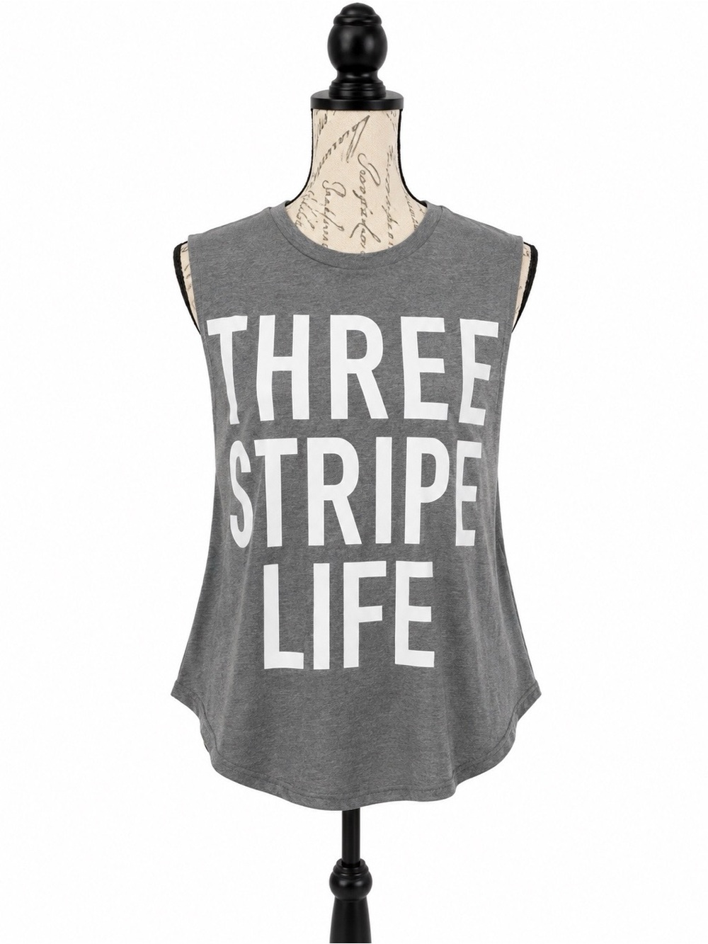 Graphic Sleeveless Tank Top - Gray 'Three Stripe Life'